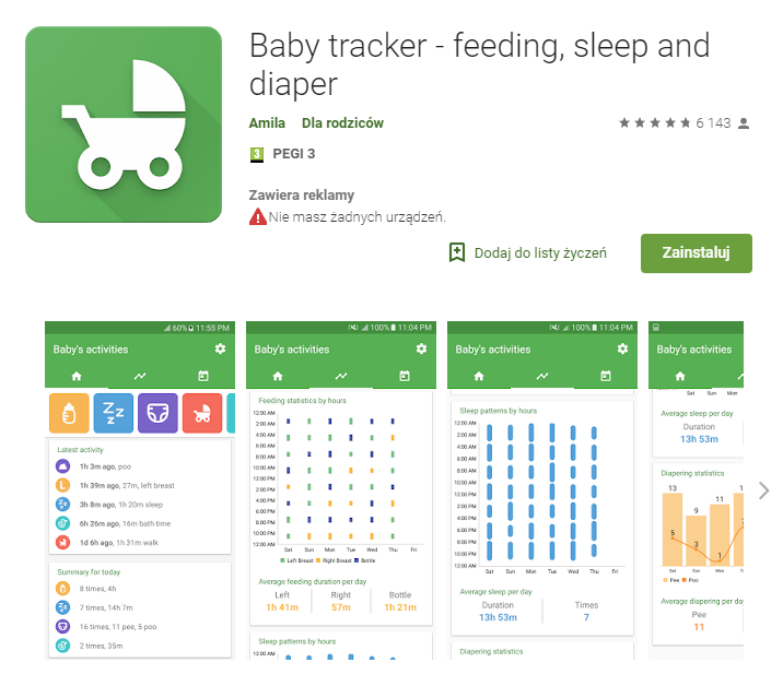 baby tracker - feeding sleep and diaper, aplikacje, dziecko, android, Ekantor.pl