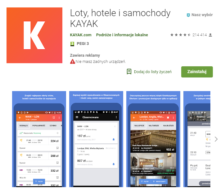 Kayak, aplikacja, aplikacja na Android, aplikacja dla podróżujących, Ekantor.pl